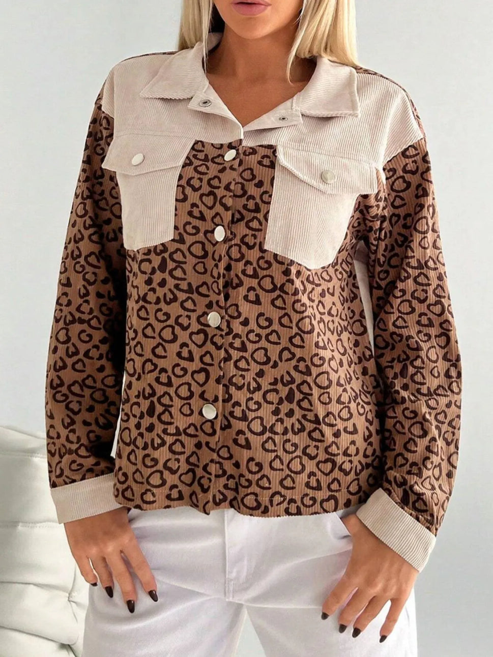 Leopard Print Color Block Corduroy Jacket