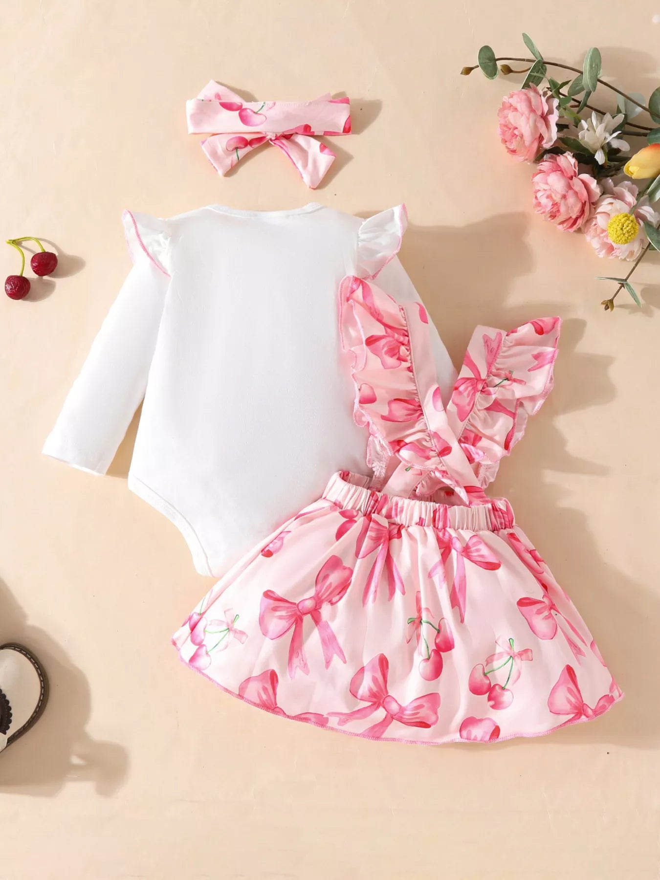 Children's Bowknot Print Ruffle Trim 3 Piece Set
