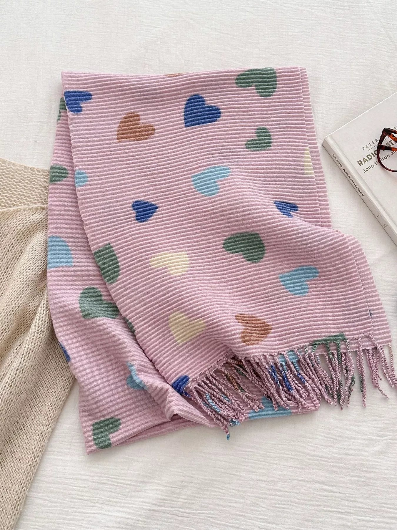 Heart Patterned Tassel Scarf