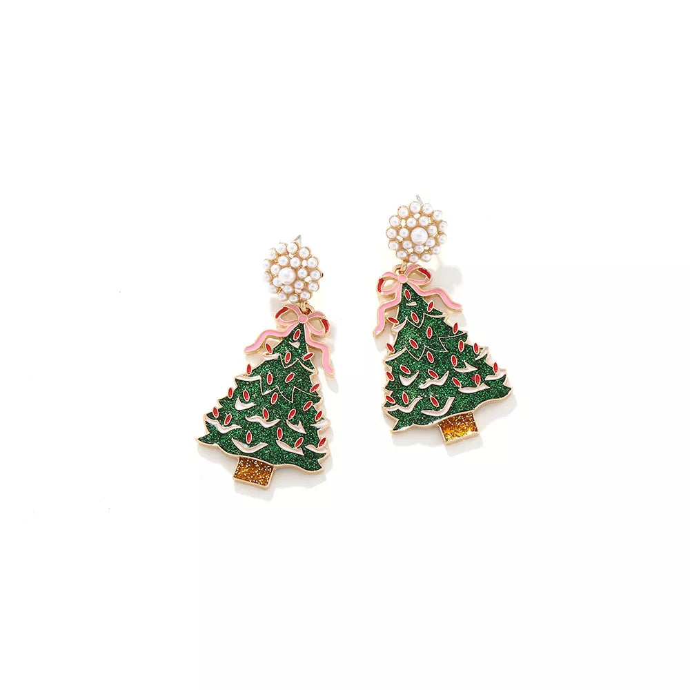 Christmas Tree Dangle Earrings with Pearl