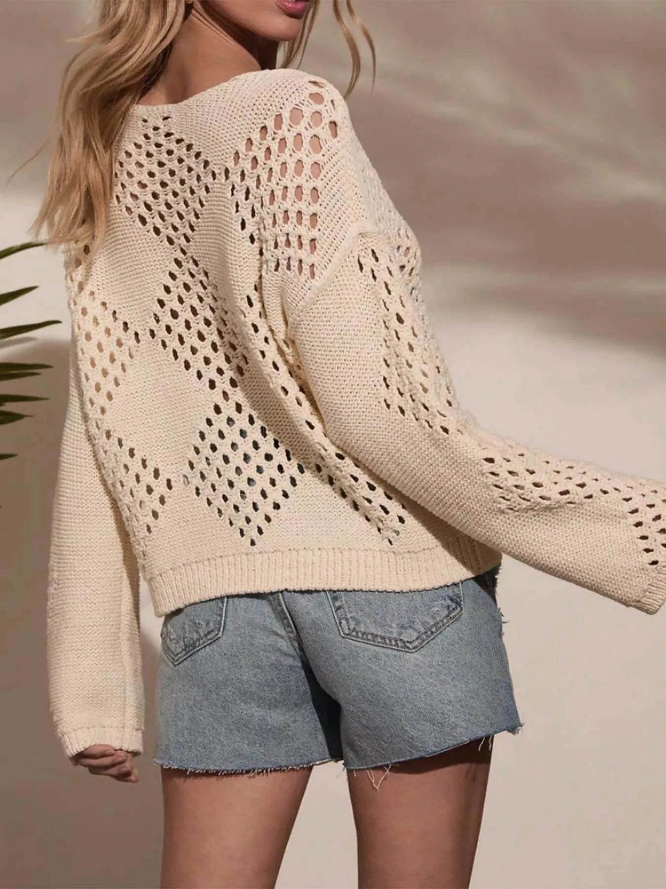 Openwork Boat Neck Long Sleeve Sweater