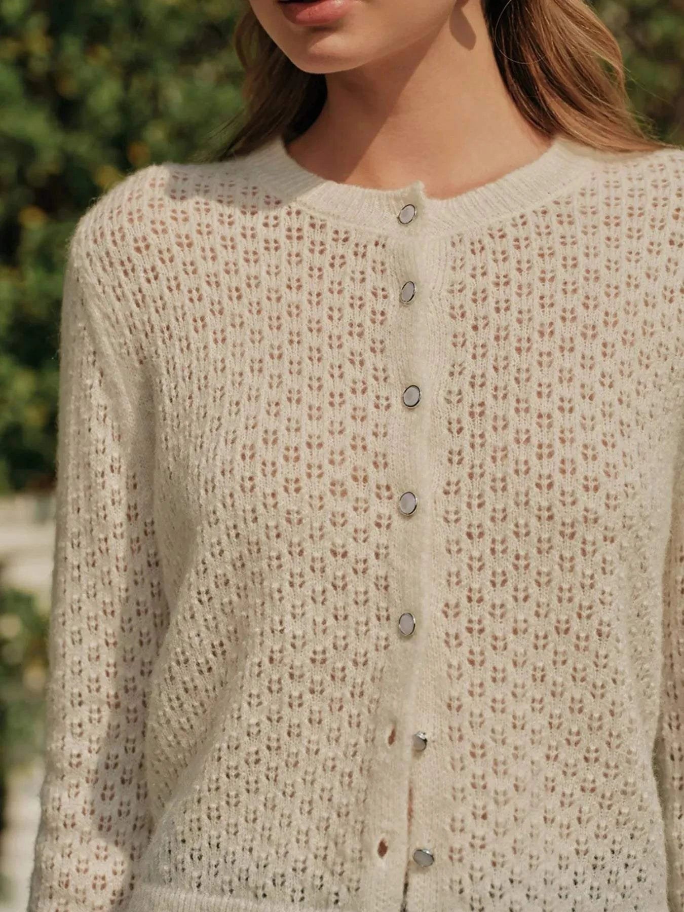 Openwork Button Up Long Sleeve Cardigan