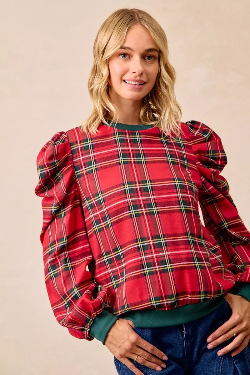 BiBi Christmas Plaid Exaggerated Shoulder Sleeves Top