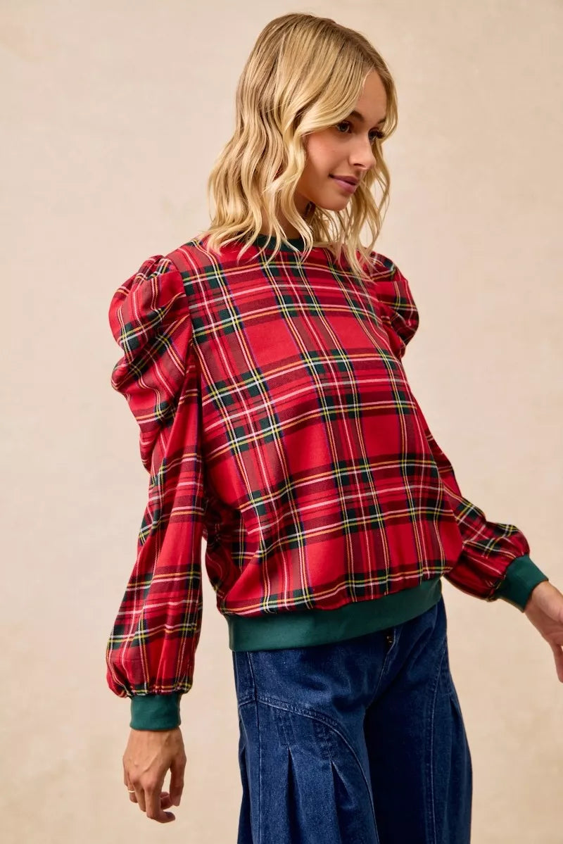 BiBi Christmas Plaid Exaggerated Shoulder Sleeves Top