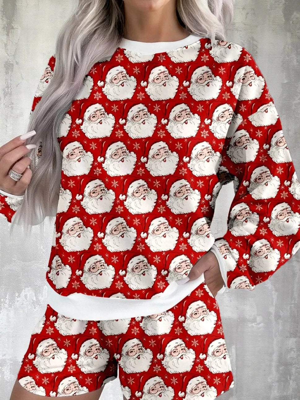 Christmas Santa Print Round Neck Top and Shorts Lounge Set