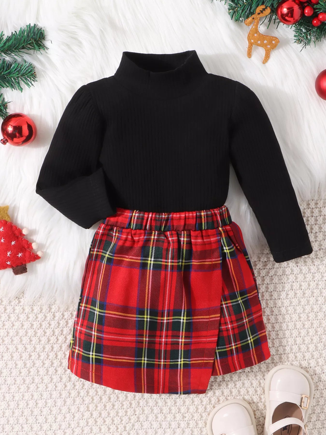 Children's Ribbed Knit Top & Plaid Skirt Set