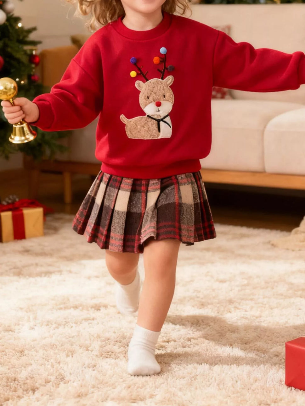 Children's Christmas Reindeer Sweatshirt & Plaid Skirt Set