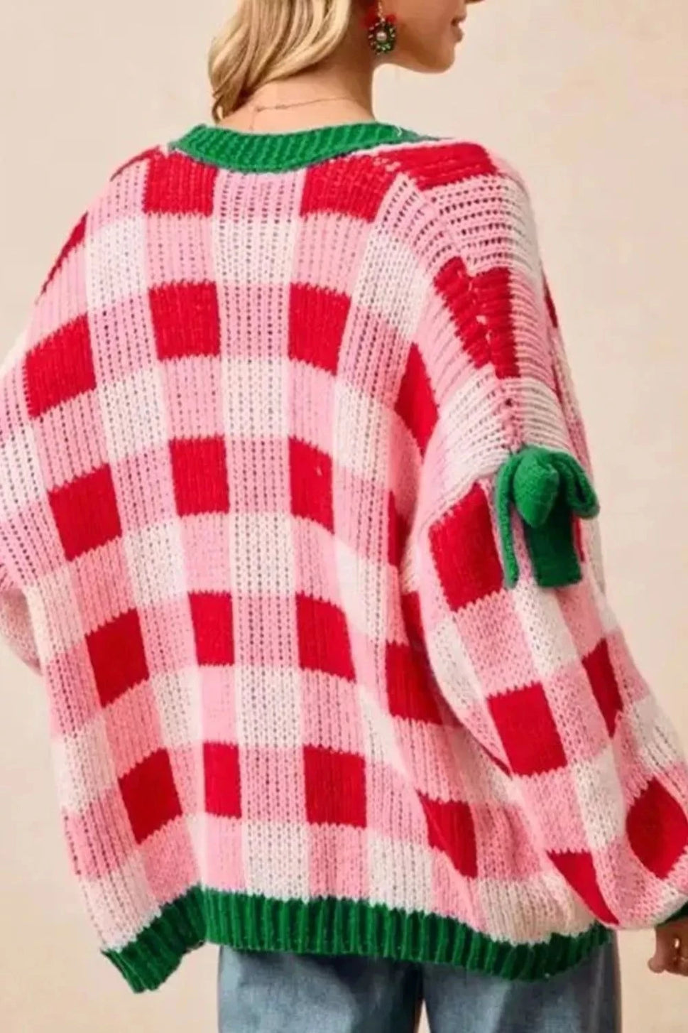 Checkered Bow-Tie Sleeve Knit Christmas Cardigan