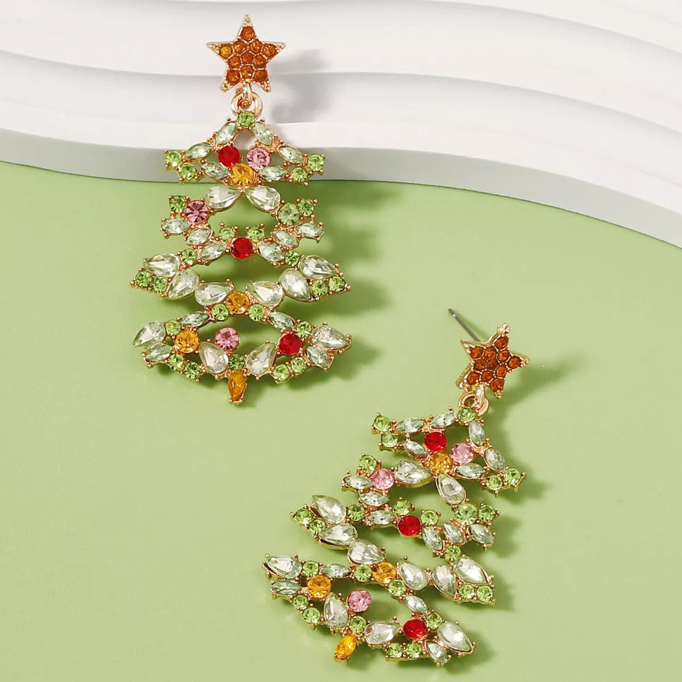 Christmas Tree Earrings with Rhinestones
