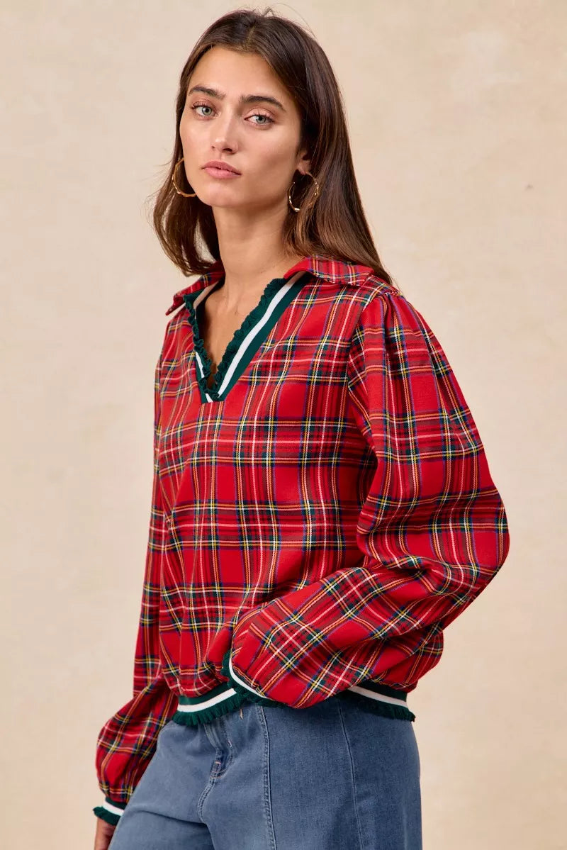 BiBi Christmas Plaid Collared Top with Ruffled Detail