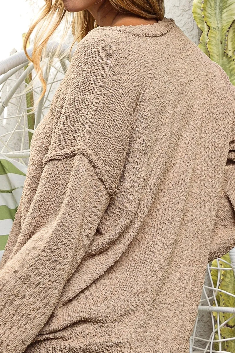 BiBi Raw Edged Popcorn Texture V-neck Sweater