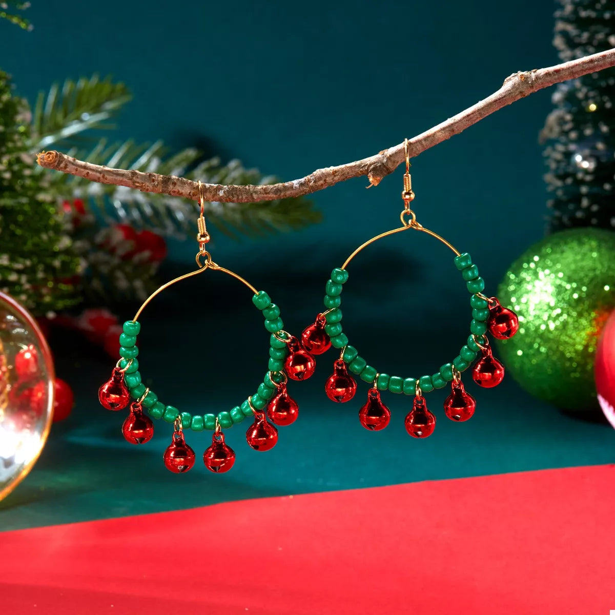 Christmas Beaded Hoop Earrings with Jingle Bells