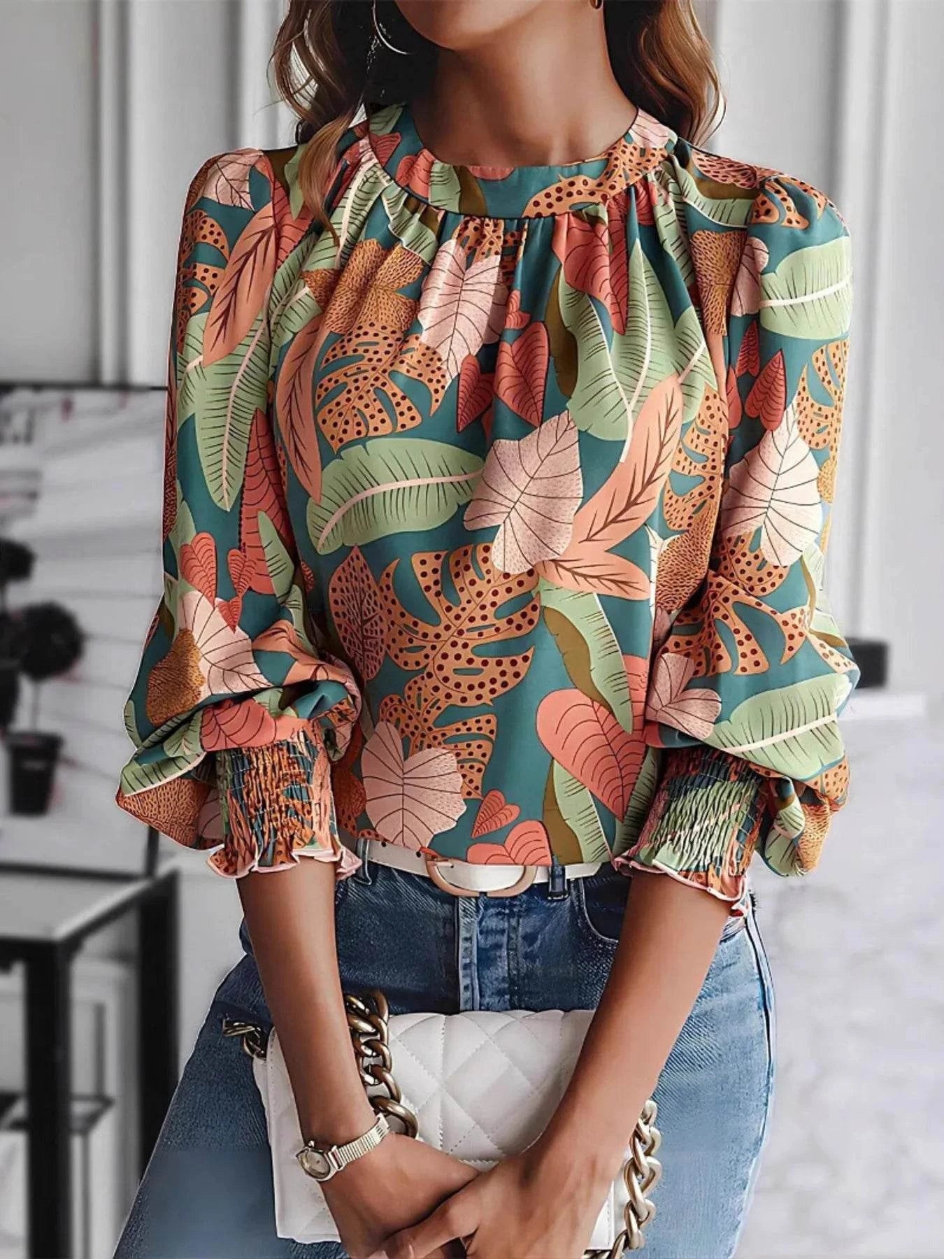 Tropical Print Long Sleeve Blouse