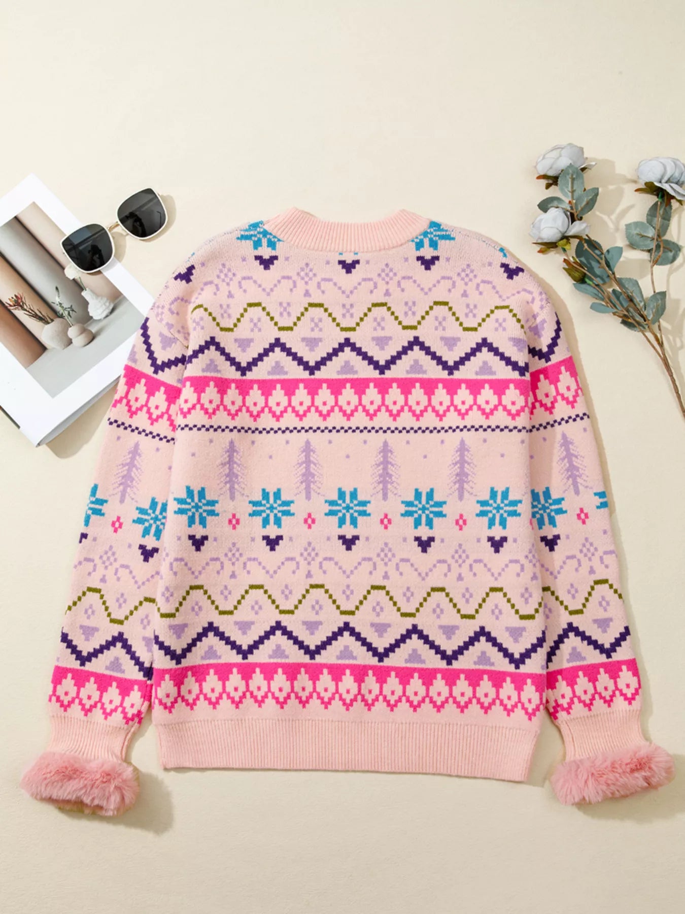 Multicolour Ethnic Christmas Pattern Knit Feather Cuffed Sweater