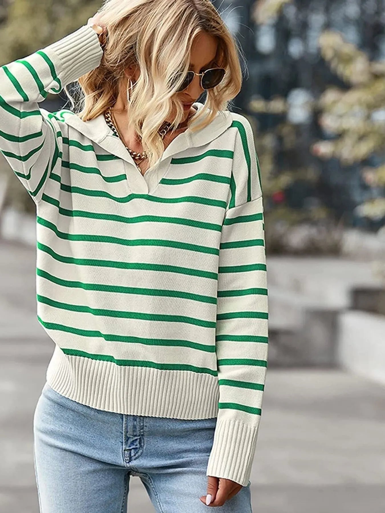 Ribbed Hem Long Sleeve Striped Sweater