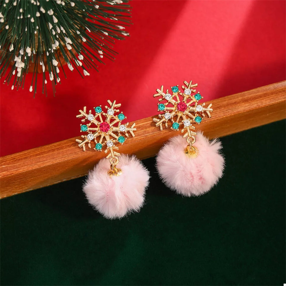 Christmas Snowflake Pom Pom Drop Earrings