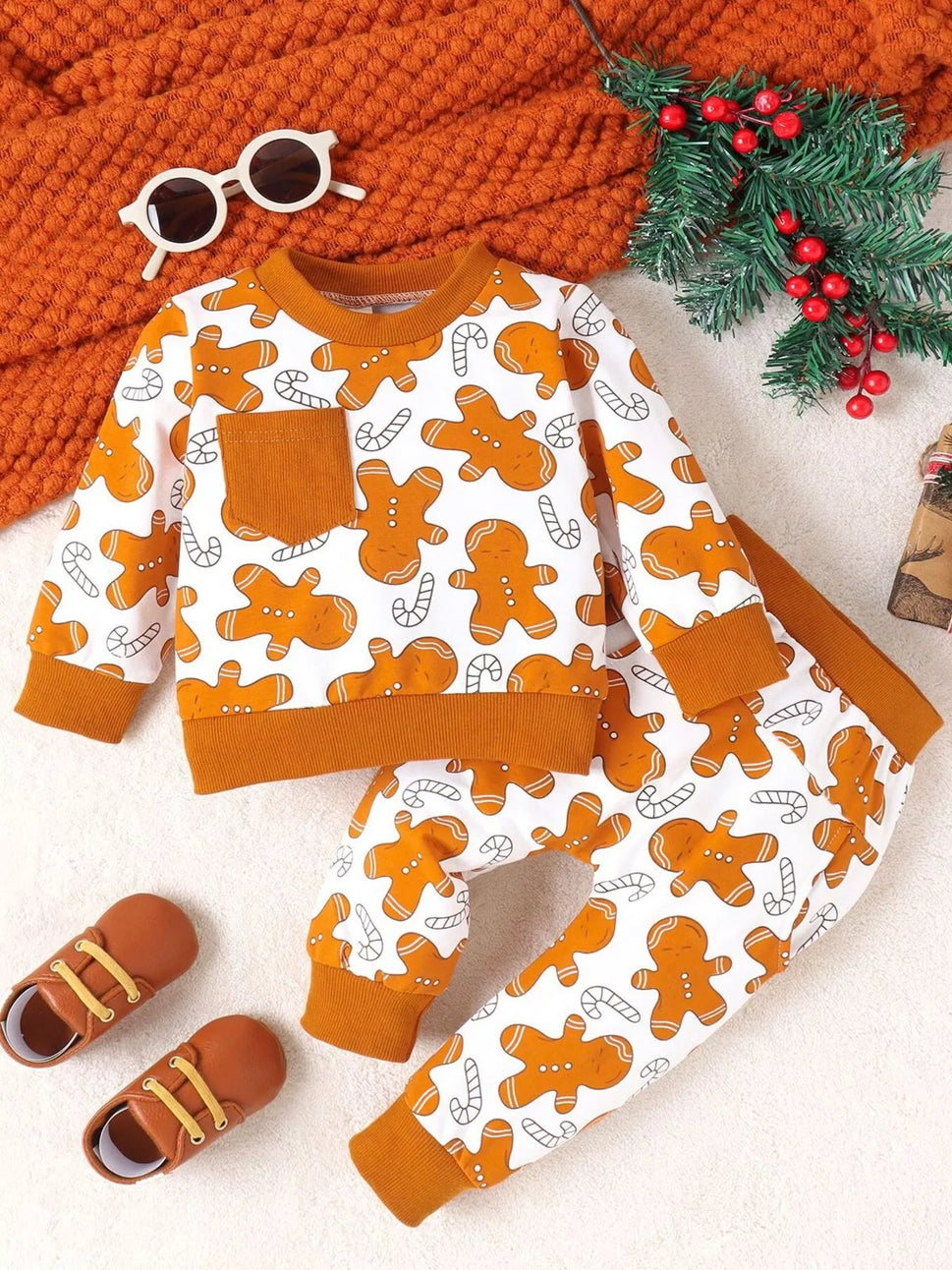 Children's Gingerbread Man Print Long Sleeve Outfit Set