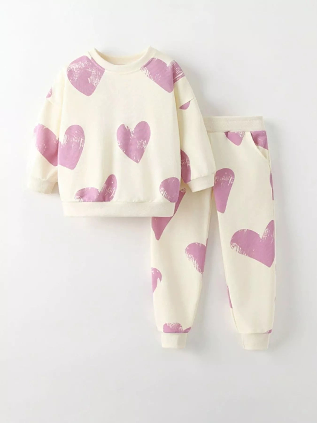 Children's Heart Print Round Neck Top and Pants Set