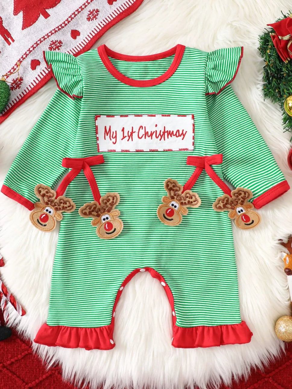 Children's Christmas-Themed Striped Snapped Legs Jumpsuit