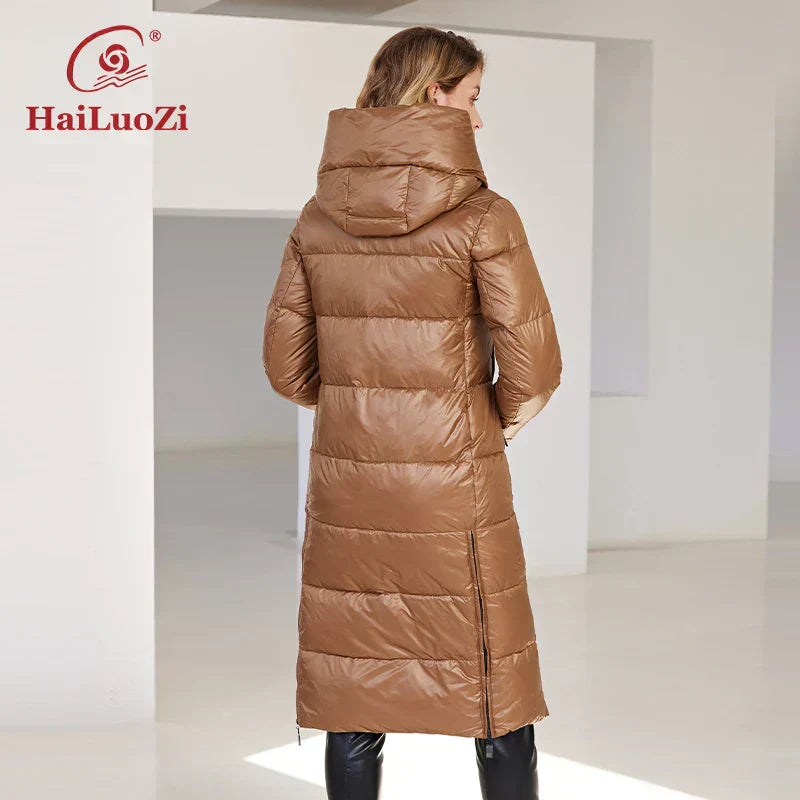 HaiLuoZi Women's Winter Jacket in brown, long and quilted, with hood and zipper closure.