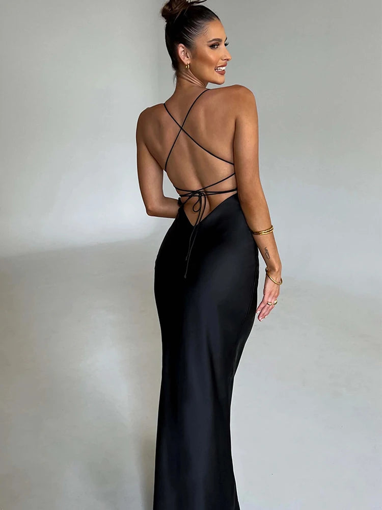 Articat Satin Backless Mermaid Slip Dress - Elegant Silk Gown