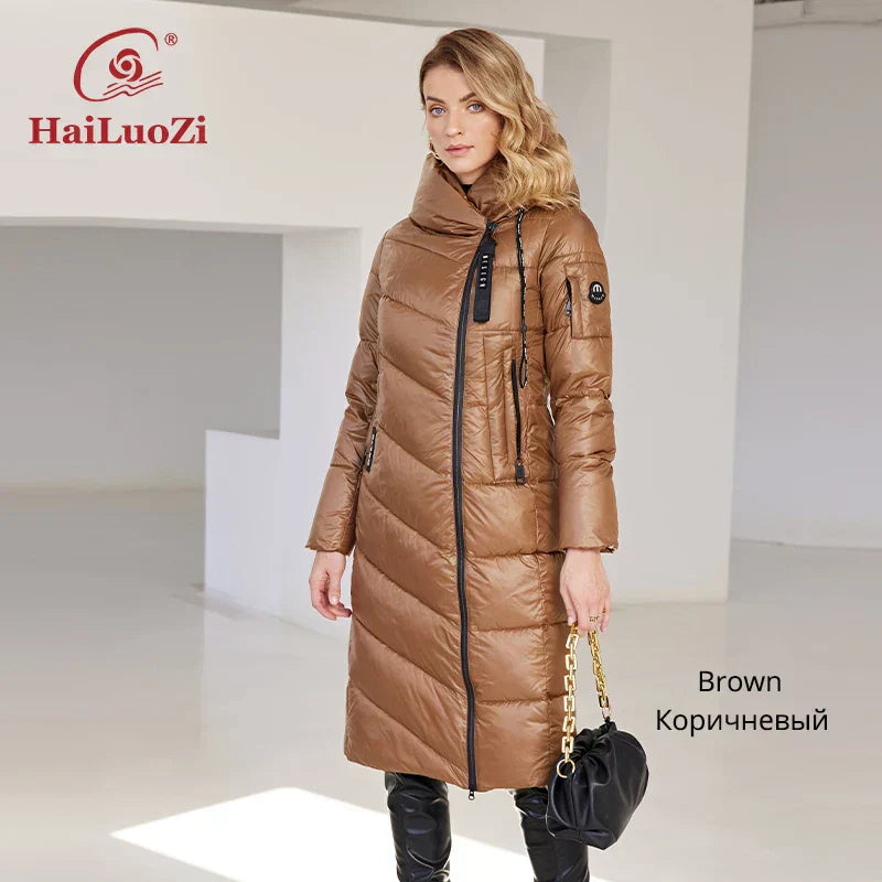 HaiLuoZi Women's Winter Jacket, warm windproof design, brown color, full-length, with hood and zipper closure.