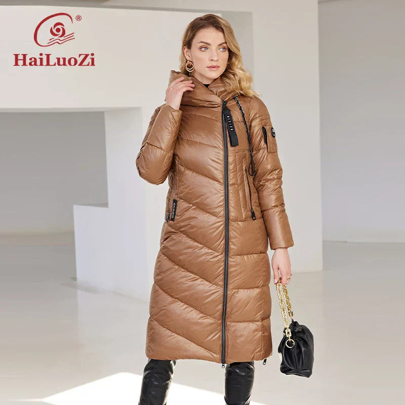 HaiLuoZi Women's Winter Jacket - long, warm, windproof, slim fit, hooded, brown quilted design.