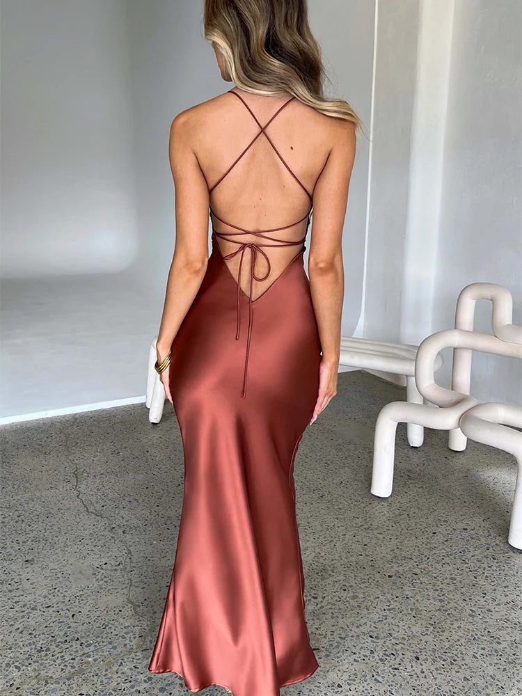 Articat Satin Backless Mermaid Slip Dress - Elegant Silk Gown