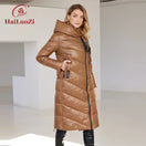 Switch HaiLuoZi Women&#39;s Winter Jacket, warm and windproof, long quilted design with hood and zipper closure. 1 image