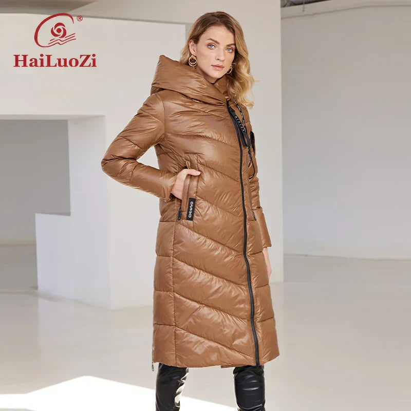 HaiLuoZi Women's Winter Jacket, warm and windproof, long quilted design with hood and zipper closure.