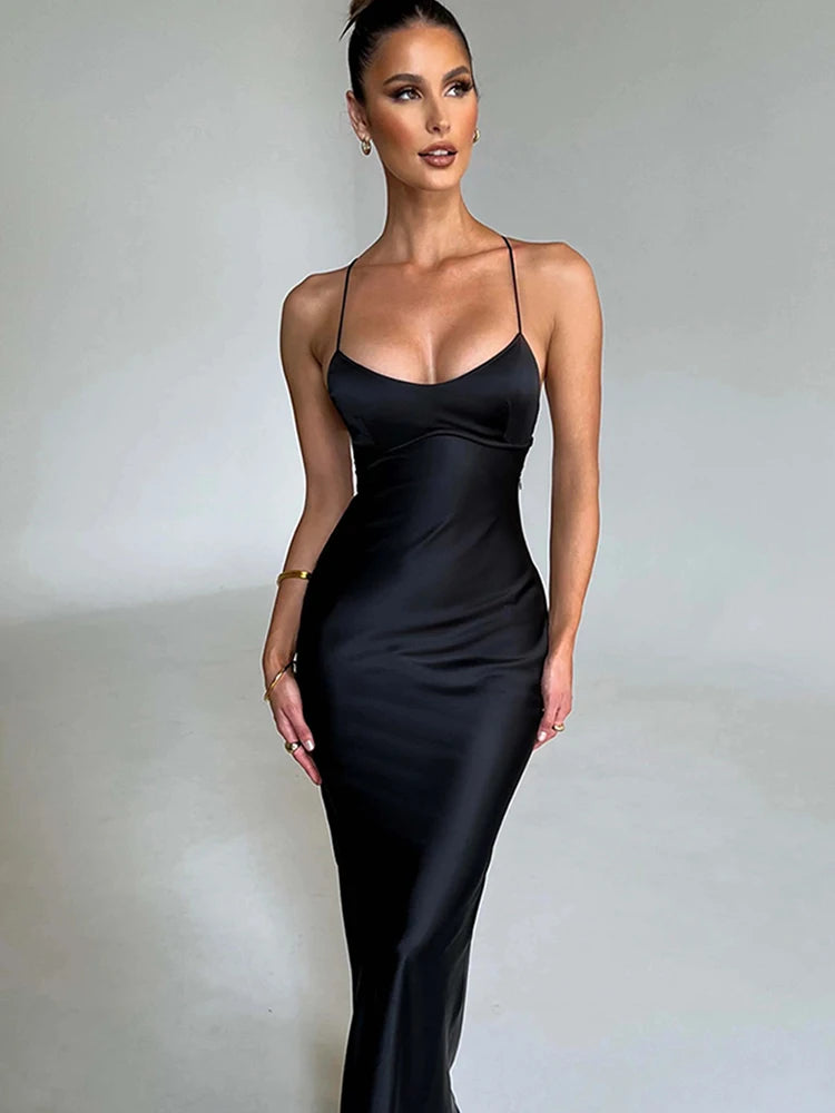 Articat Satin Backless Mermaid Slip Dress - Elegant Silk Gown