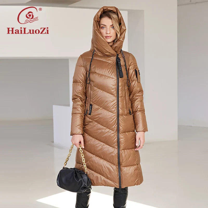 HaiLuoZi women's winter jacket, warm, windproof, slim fit, long quilted coat with hood and zipper.