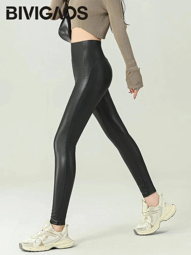 Fall Winter High-Grade Fleece PU Leather Leggings