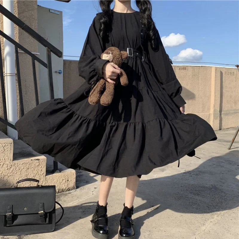 Gothic Harajuku Black Midi Dress