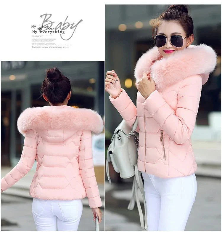 2024 women’s artificial raccoon fur collar winter jacket in pink, stylish and cozy parka with faux fur trim.