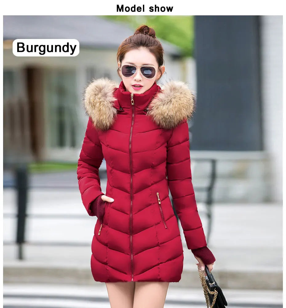 Wine Red Fur Collar Winter Jacket for Women