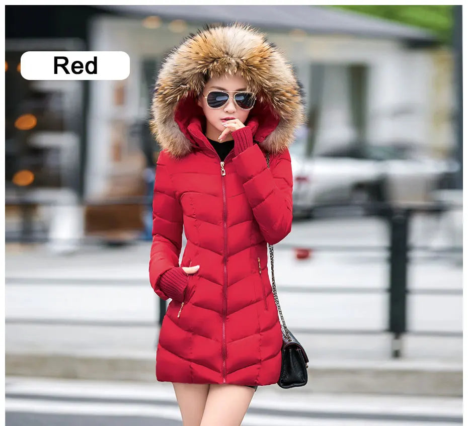 Wine Red Fur Collar Winter Jacket for Women