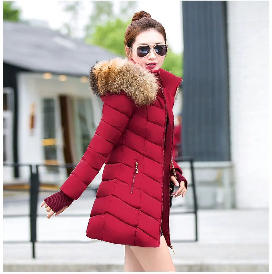 Wine Red Fur Collar Winter Jacket for Women