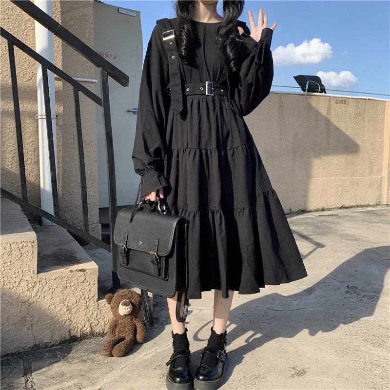 Gothic Harajuku Black Midi Dress