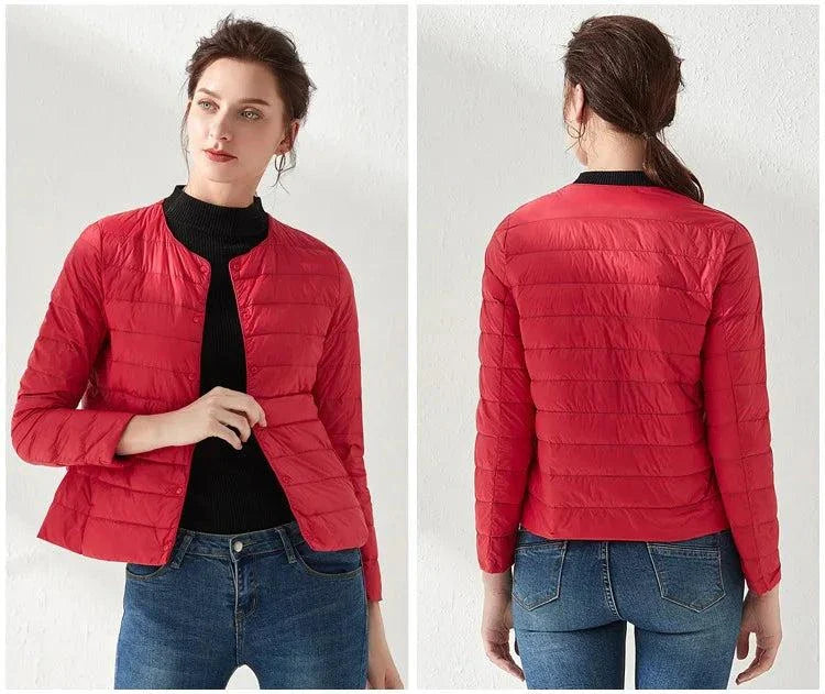 Ultralight warm women's puffer jacket by Alfadarling in red; collarless, O-neck design, ideal for spring and winter.