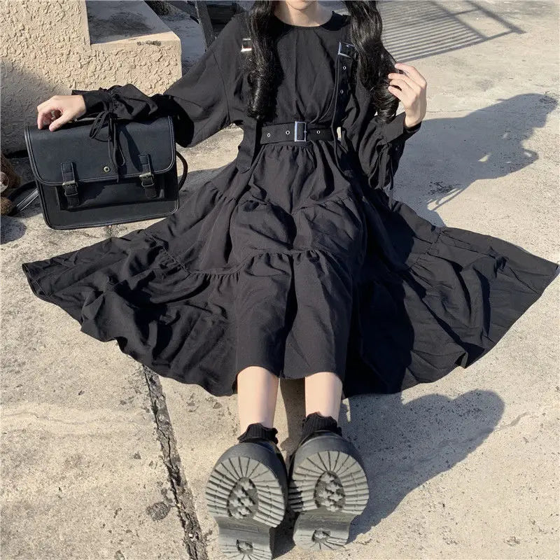 Gothic Harajuku Black Midi Dress