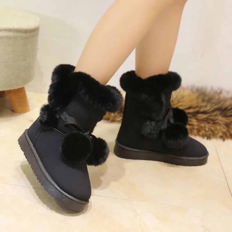 Women's Warm Fur Snow Boots with Fur Ball | Alfadarling