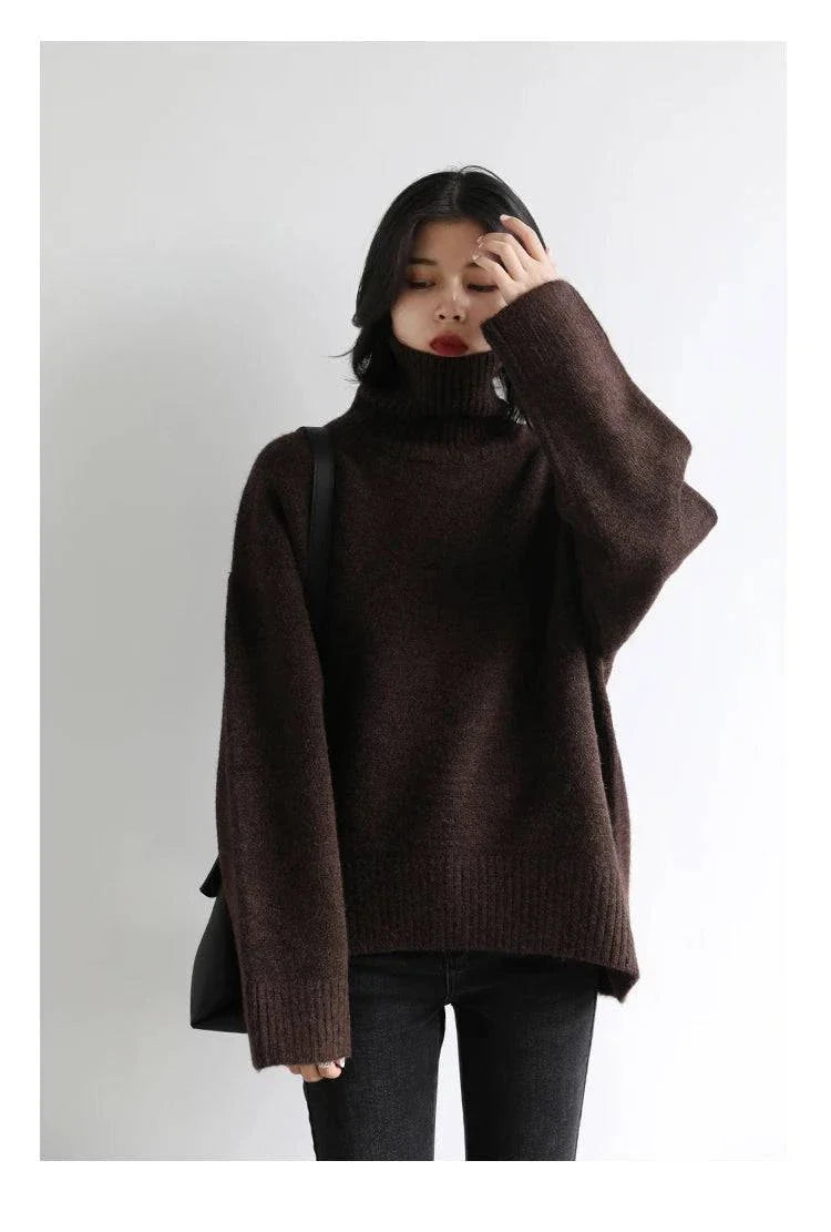 Women's loose turtleneck sweater, cozy knit pullover, solid color, perfect for autumn and winter.