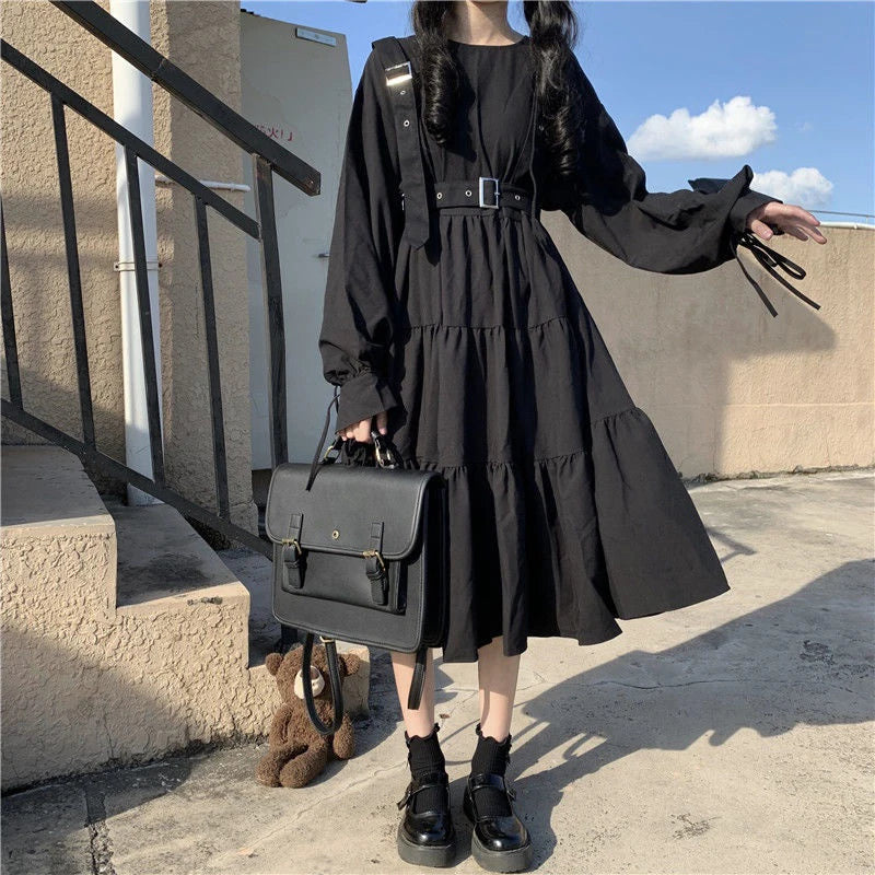 Gothic Harajuku Black Midi Dress