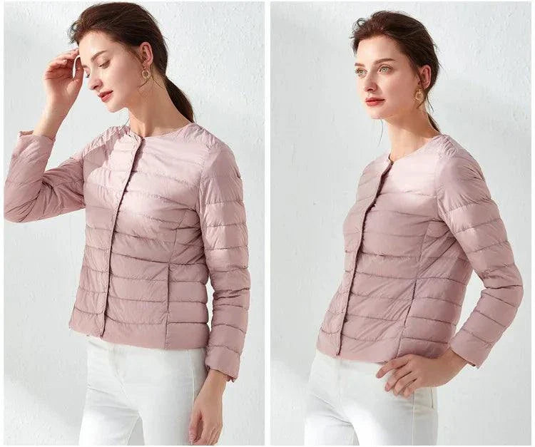 Ultralight warm women’s puffer jacket with O-neck, collarless design in light pink.