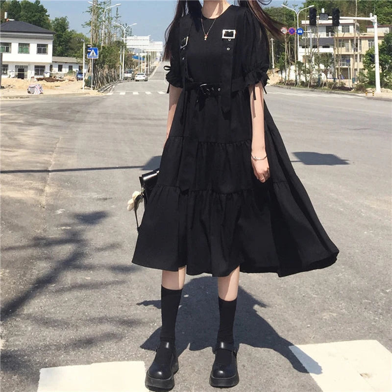 Gothic Harajuku Black Midi Dress