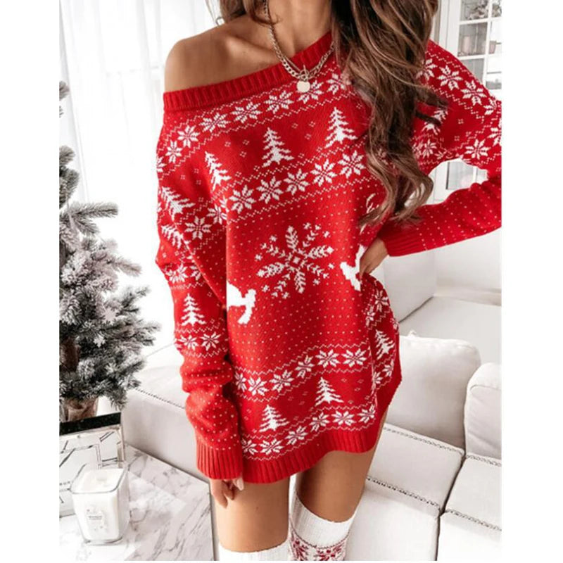 Women Christmas Sweater Dress Autumn Winter Long Sleeve Off Shoulder