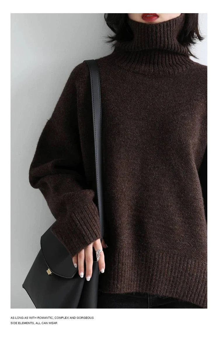 Women's loose turtleneck pullover knitwear sweater in brown, solid pattern, autumn winter top.