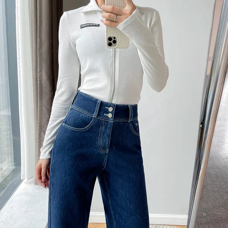 Vintage High Waist Fleece Wide-Leg Jeans – Alfadarling