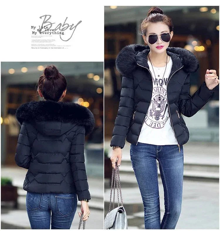 Women’s artificial raccoon fur collar winter parka, stylish 2024 jacket, warm and chic outerwear.